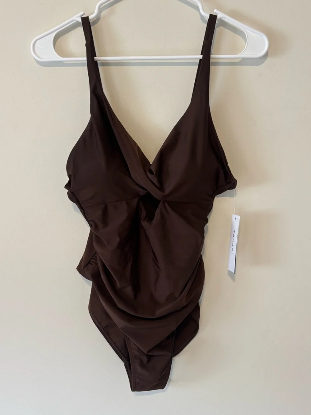 Tahari Brown High-Banded One Piece Twist Front Swimsuit Size Large NWT